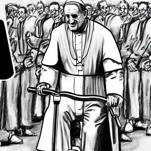Image similar to gta v style drawing of the pope riding a Segway