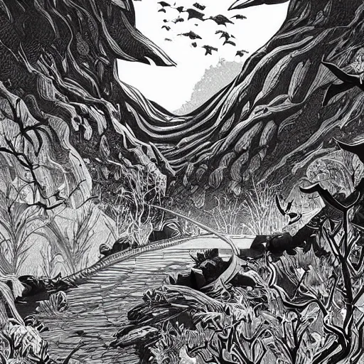 Prompt: impressive fantasy landscape, pure b & w, line art, ink illustration, engraving illustration, behance