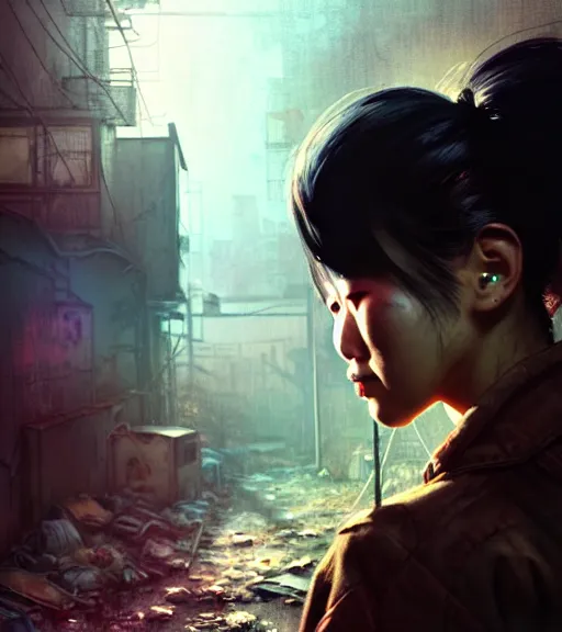 Image similar to fallout 5, charismatic beautiful rugged asian female protagonist, portrait, outdoors in a dilapidated tokyo back alley, atmospheric lighting, painted, intricate, volumetric lighting, daytime, autumn, fog, sharp focus, ultra detailed, art by william turner and ross tran