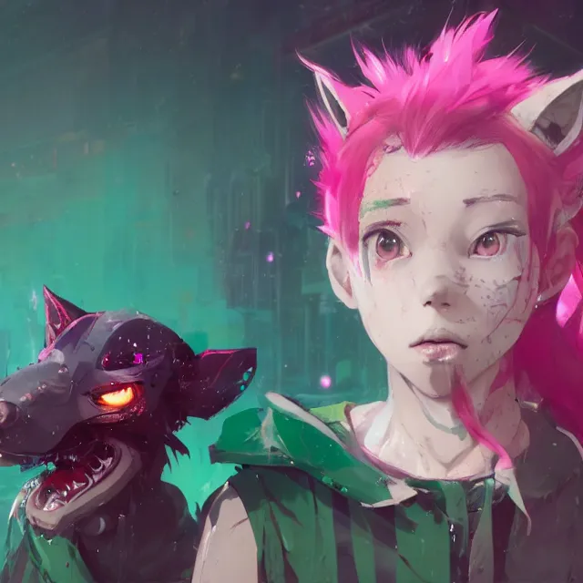 Prompt: a beautiful headshot portrait of a cute anime male boy with pink hair and pink wolf ears and green eyes wearing cyberpunk clothes. character design by cory loftis, fenghua zhong, ryohei hase, ismail inceoglu and ruan jia. artstation, volumetric light, detailed, photorealistic, fantasy, rendered in octane