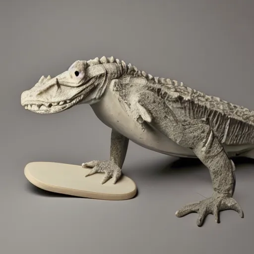 Image similar to rough plaster sculpture of an alligator on a skateboard, high resolution photograph, strong directional light, strange atmosphere