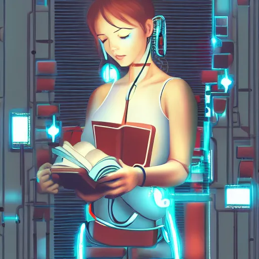 Image similar to robotic cybernetic girl reading a book, portrait, pixiv, arstation, digital art