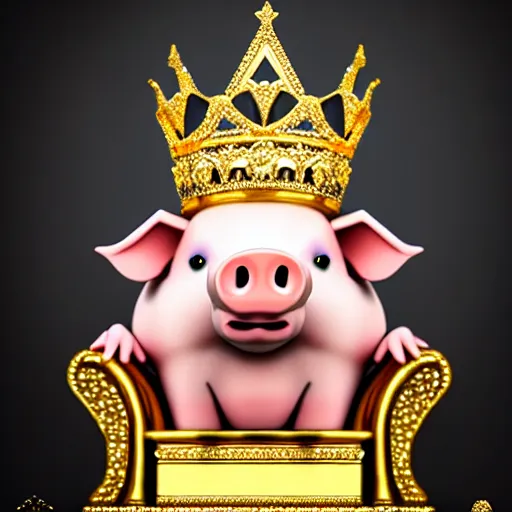 Prompt: pig wearing a gold crown sitting on a kings throne eating a pork rind 8k resolution, award winning, realistic, cinematic concept art