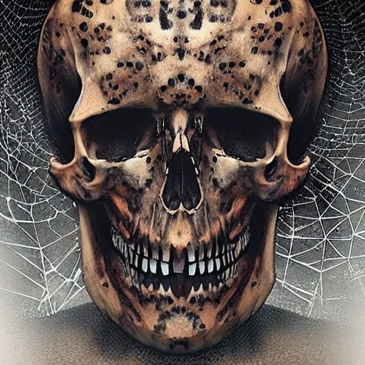 Prompt: Skull that look too much like skull!, I have likened evolution to a search through a very large space of possible organism characteristics!!, an 8k CG character rendering of a spider-like hunting female on its back, fangs extended, wearing a leopard-patterned dress, set against a white background, with textured hair and skin.