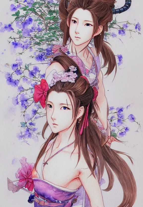 Image similar to a full-body watercolor painting of Aerith Gainsborough by Yoshitaka Amano, ukiyo-e, nouveau, concept art, 80's fantasy art, highly detailed, intricate, trending on artstation, award-winning