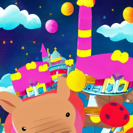 Prompt: Howl's Moving Candy Castle In Space With Flying Pigs