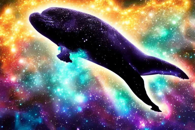 Image similar to a bioluminescent humpback whale swimming through a space nebula leaving stardust trails, digital art, photorealistic