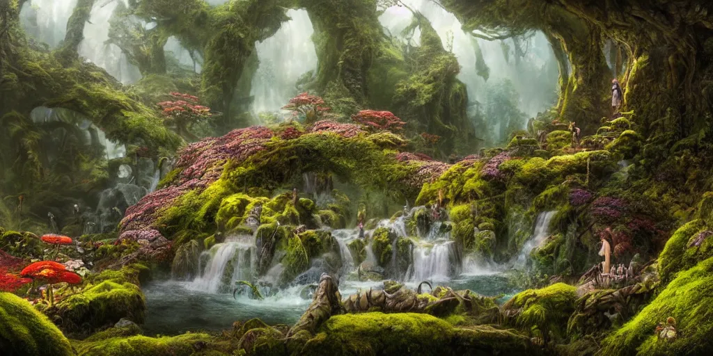 Image similar to fairyland scenery landscape, lord of the rings, waterfalls, monoliths, flowers, mushroom structures, moss highly detailed, vivid color, perfect lighting, perfect composition, 8 k, brian froud, artgerm, derek zabrocki, greg rutkowski