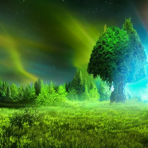 Prompt: A photo realistic green forrest with blue skies, a portal with a nebula is showing at the back