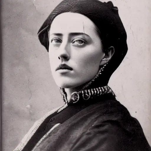 Image similar to recep tayyip erdogan victorian photograph of amber heard, 1 8 9 0 s photography, 1 9 0 0, realistic face, symmetrical face, studio photograph, grainy, edwardian, old photo