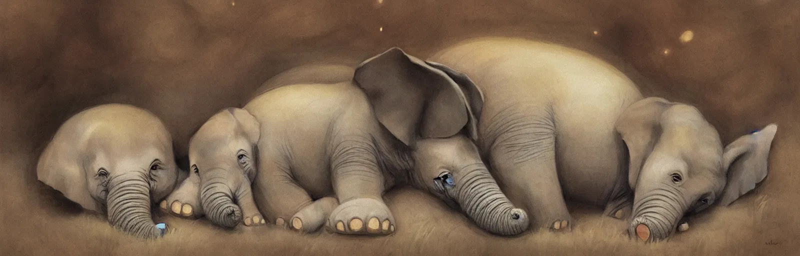 Image similar to a baby elephant sleeping soundly under a starry sky surrounded by savannah, illustration, detailed, smooth, soft, warm, by Adolf Lachman, Shaun Tan