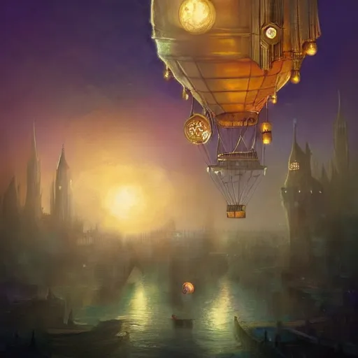 Image similar to a beautiful stunning fantasy whimsical matte digital illustration of a hot - air balloon powered by magic over a lit city at night by marc simonetti, pastel color palette, disney magic the gathering steampunk, chiaroscuro magical bokeh moon stars, trending on artstation hq, masterpiece