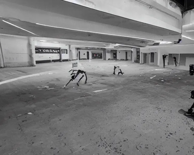 Prompt: camera footage of a Darpa Robot hunting skateboarders in an abandoned shopping mall, high exposure, dark, monochrome, camera, grainy, CCTV, security camera footage, timestamp, zoomed in, fish-eye lense, Robot, Skateboarding, Drone, Intense, Darpa,