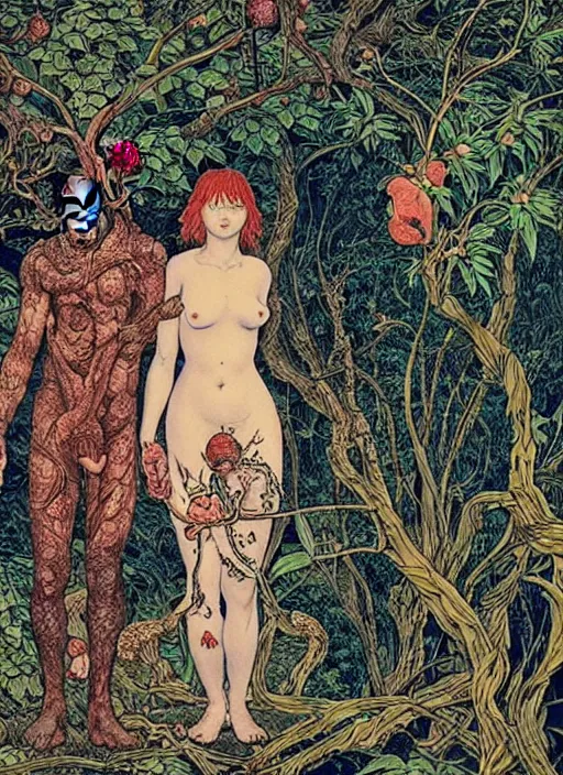 Image similar to 4k photo of an adam and eve in eden garden, by Vania Zouravliov and Takato Yamamoto, high resolution. still from 2021 a movie by Gaspar Noe