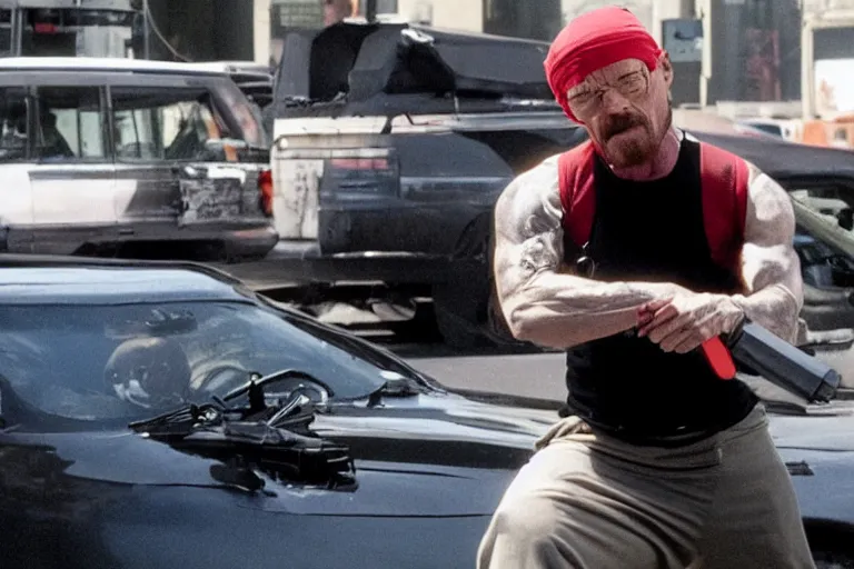 Image similar to medium full shot of walter white as a violent domestic terrorist wearing a black head covering made from a polyester material and a stained red tank top setting up a backpack at a main new york street in the new movie directed by ice cube, movie still frame, wearing a black bullet proof vest, promotional image, critically condemned, relentlessly detailed