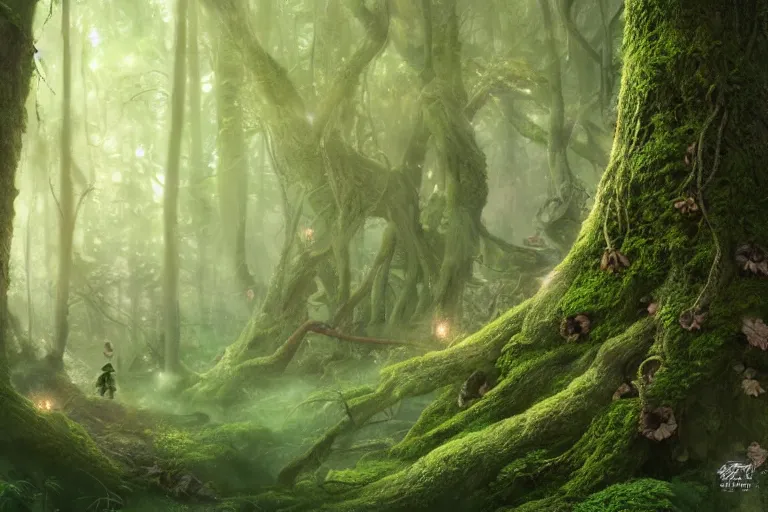 Prompt: magical forest forest, ghibli studio, cellshaded, nausicaa anime style hyper realistic, mossy tangled trees, ambient lighting, concept art, intricate, hyper detailed, smooth, dynamic volumetric lighting, octane, raytrace, cinematic, high quality, high resolution, 4 k, cgsociety, rutkowski, gurney