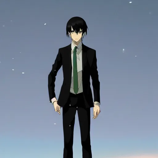 Image similar to full body portrait character concept art, anime key visual of decadent green long straight hair young anime male in black suit, green long straight hair and brown eyes, finely detailed perfect face studio lighting delicate features directed gaze, gapmoe kuudere grimdark, trending on pixiv fanbox, painted by greg rutkowski makoto shinkai takashi takeuchi studio ghibli