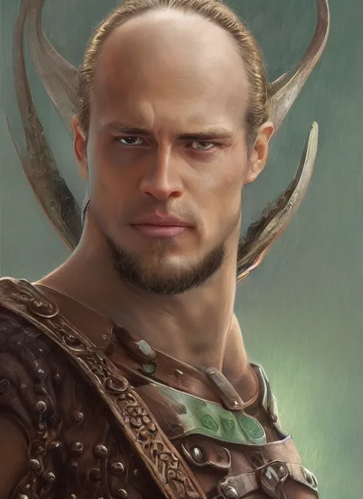 Image similar to a warrior in his twenties smirking deceitfully with long light brown hair tied back, light green eyes, a large forehead, a widows peak and a round face with high cheekbones and full lips as a realistic d & d fantasy character, portrait art by donato giancola and greg rutkowski, vintage retro, realistic face, digital art, trending on artstation