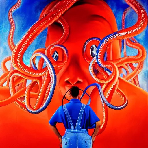 Prompt: fashion model in a blue factory worker's overalls face looking down at the floor eyes sad tentacles instead of hands, the red glow of fire in the background, hyperrealistic painting, figurative art, poster art