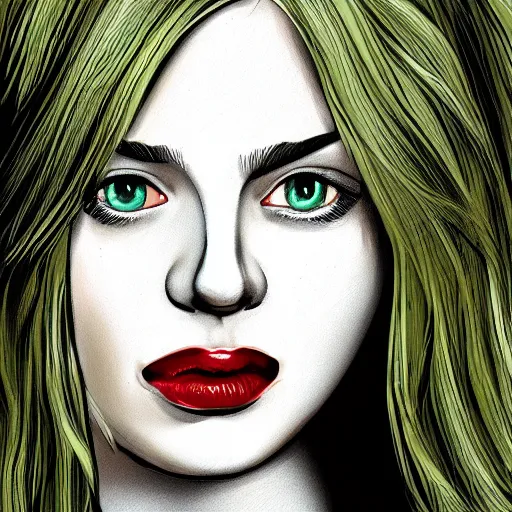 Image similar to portrait of blond girl with green eyes small lips who look like actor michael pitt illustration