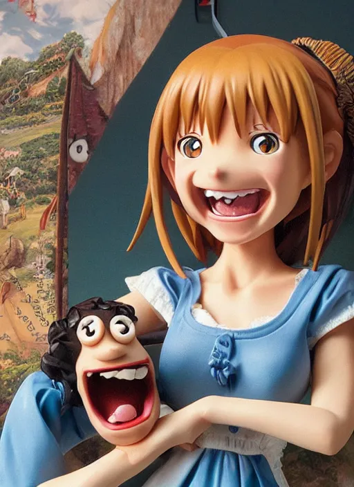 Prompt: a lifelike oil panting of an anime girl figurine caricature with a big dumb grin featured on Wallace and Gromit by arthur szyk