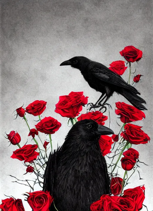 Image similar to portrait, A crow with red eyes in front of the full big moon, book cover, red roses, red white black colors, establishing shot, extremly high detail, foto realistic, cinematic lighting, pen and ink, intricate line drawings, by Yoshitaka Amano, Ruan Jia, Kentaro Miura, Artgerm, post processed, concept art, artstation, matte painting, style by eddie mendoza, raphael lacoste, alex ross