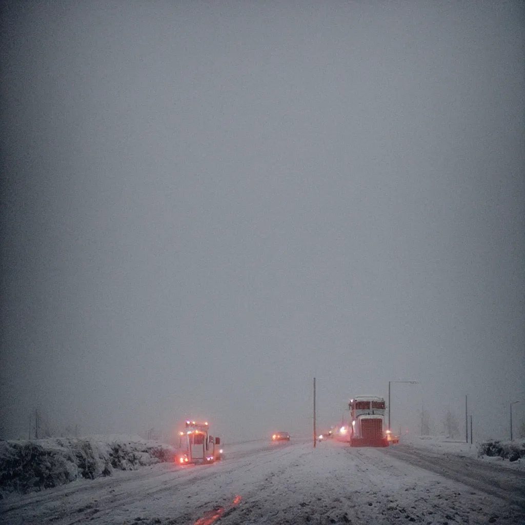 Image similar to photo, big snow plow truck is in the distance with a bright headlighta. cold color temperature, snow storm. hazy atmosphere. humidity haze. kodak ektachrome, greenish expired film, award winning, low contrast,