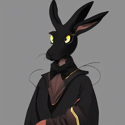 Image similar to anthropomorphic jackrabbit harengon with black skin, wearing stylized monk robes, wearing a very wide brimmed black hat, digital art featured on artstation