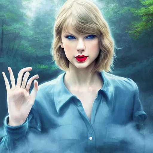 Prompt: taylor swift holding her hand out for you, long hair with bangs, Crystal clear blue eyes, wide-shot, beautiful fog lit forest backround, oil colors, watery lake, elegant, sharp focus, cute face, Hyper-realistic, Highly Detailed, HD, Dramatic Lighting by Brom, by beeple, studio ghibli, wallpaper, highly detailed, trending on artstation