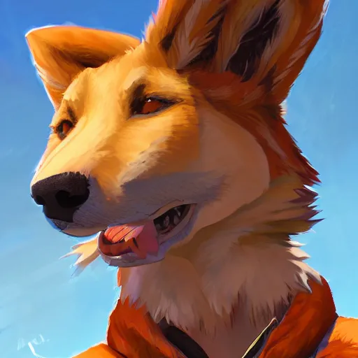 Image similar to stylized three quarters portrait concept art of the anthro anthropomorphic dingo dog head animal person fursona wearing clothes adventurer standing in australia outback, hidari, color page, tankoban, 4 k, tone mapping, akihiko yoshida, clean bright happy