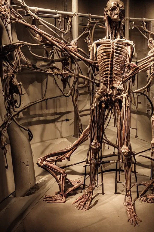 Image similar to inside a museum, a room where anatomical flesh body parts are piece of arts by Rob Bottin at night biomechanical, filth and grim, wires and strings, very detailed, ultra realistic photography, grainy image