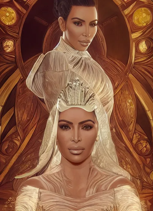 Image similar to A film still of kim kardashian as princess leigha in star wars, highly detailed, digital painting, artstation, concept art, sharp focus, illustration, cinematic lighting, art by artgerm and greg rutkowski and alphonse mucha diffuse lighting, fantasy, intricate, elegant, highly detailed, lifelike, photorealistic, digital painting, artstation, illustration, concept art, smooth, sharp focus, art by John Collier and Albert Aublet and Krenz Cushart and Artem Demura and Alphonse Mucha