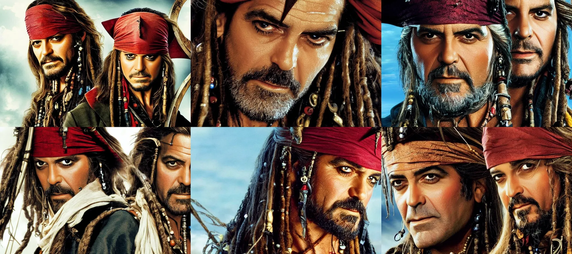 Prompt: promotional image of George Clooney as a pirate in Pirates of the Caribbean: The Curse of the Black Pearl (2003 film), detailed face, movie still, promotional image, imax 70 mm footage