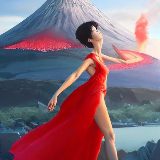 Image similar to luxury advertisement, a highly detailed epic cinematic concept art CG render digital painting artwork of a woman in a red dress posing in front of an erupting volcano. By Greg Rutkowski, Ilya Kuvshinov, WLOP, Stanley Artgerm Lau, Ruan Jia and Fenghua Zhong, trending on ArtStation, made in Maya, Blender and Photoshop, octane render, excellent composition, cinematic atmosphere, dynamic dramatic cinematic lighting, aesthetic, very inspirational, arthouse