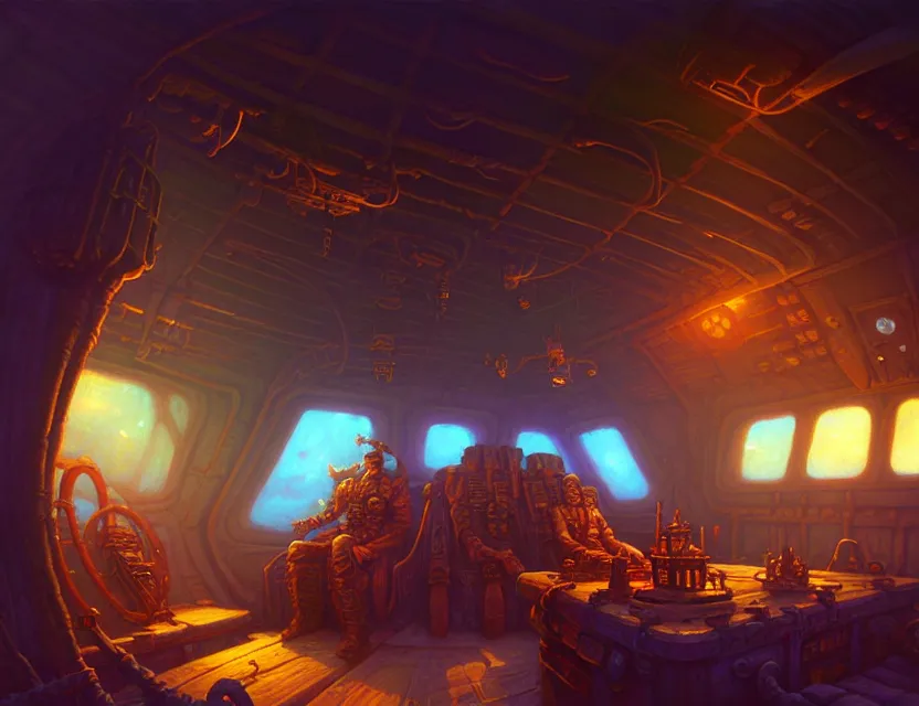 Image similar to interior view in the captain's cabin of a flying ship, d & d planescape fantasy art, artstation contest winner, beautiful digital painting in the style of dan mumford, art by kev chan, volumetric lighting, concept art, speedpainting, fantasypunk, deep colors, cgsociety, by gerald brom, by greg rutkowski, by ruan jia