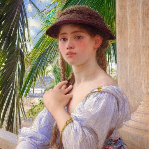 Image similar to a ultradetailed beautiful painting of a girl in the amazonas palace balustrade designed by jules bastien - lepage, hans belmer, frank weston and gustave baumann, beach, trending on artstation, mediterranean, palm trees, detailed face, sharp focus, soft light, 8 k 4 k