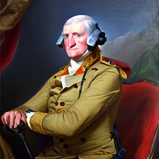 Image similar to george washinton playing call of duty and drinking mountain dew while screaming, oil painting