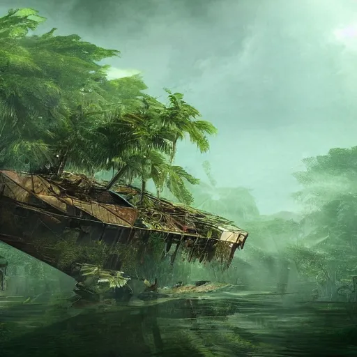 Image similar to Wrecked ship on jungle trees, 8k, detailed, concept art, trending on artstation