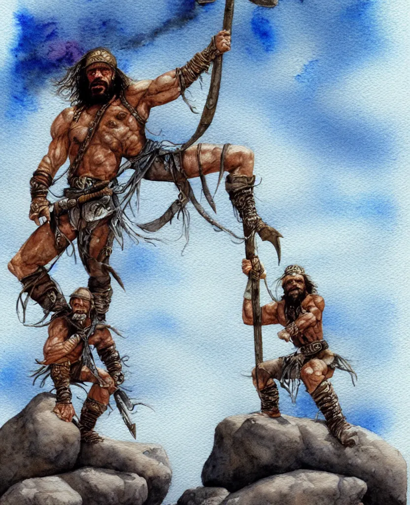 Image similar to randy savage with an anchor weapon slung over his shoulder and foot heroically on a boulder posing alone in desolate wasteland | portrair | fantasy watercolour painting | middle earth | conan | darksun | d & d dungeons and dragons | barbarian