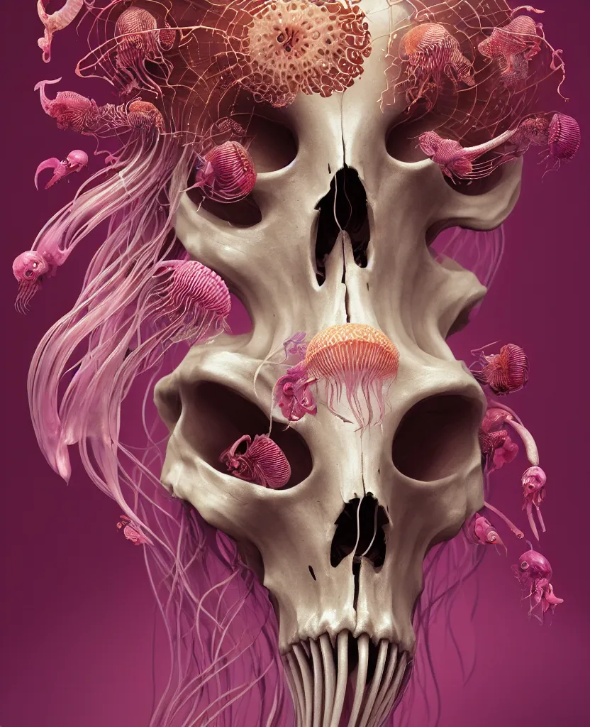 Image similar to goddess princess face close-up portrait ram skull. jellyfish phoenix head, nautilus, orchid, skull, betta fish, bioluminiscent creatures, intricate artwork by Tooth Wu and wlop and beeple. octane render, trending on artstation, greg rutkowski very coherent symmetrical artwork. cinematic, hyper realism, high detail, octane render, 8k