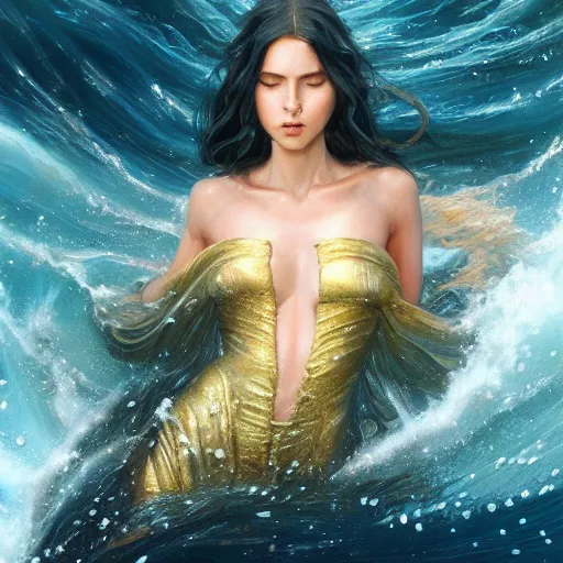 Prompt: beautiful portrait of a mystical long black haired goddess of the sea wearing long blue gold water robes rising up from the deep blue waves, oil painting by Greg Rutkowski and Charlie Bowater and Artgerm, unreal 5, DAZ, RPG Portrait, trending on artstation, dynamic lighting, misty, ocean, blue theme, afternoon light