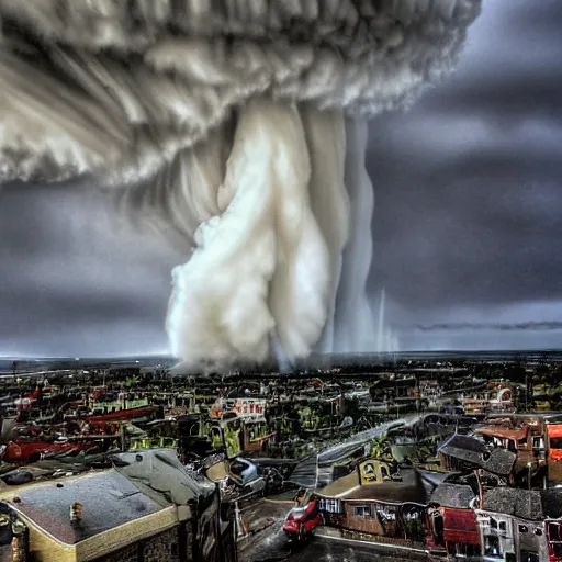 Image similar to photo of a tornado tearing through a steampunk city