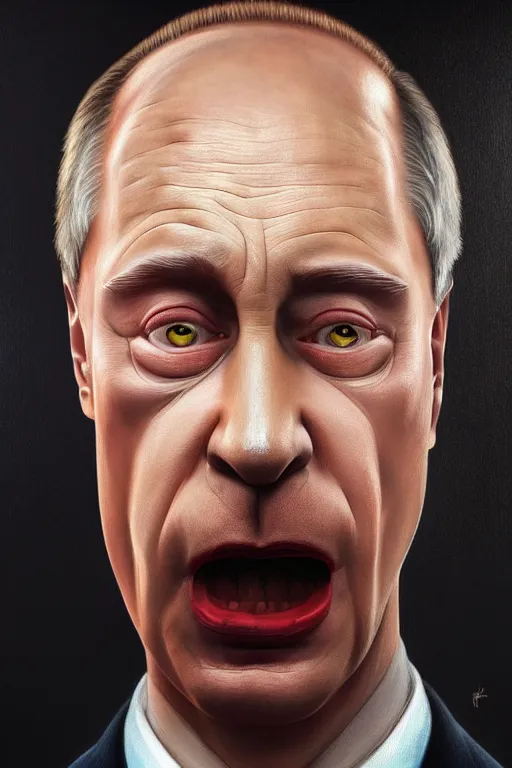 Image similar to vladimir putin as homer simpson, realistic portrait, symmetrical, highly detailed, digital painting, artstation, concept art, smooth, sharp focus, illustration, cinematic lighting, art by artgerm and greg rutkowski and alphonse mucha