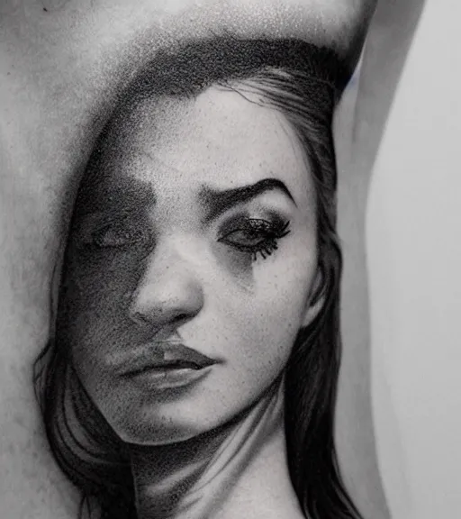 Image similar to fade of a hyper realistic mountain scenery with a beautiful woman face, tattoo design sketch, in the style of matteo pasqualin, hyper - realistic, amazing detail, black and white