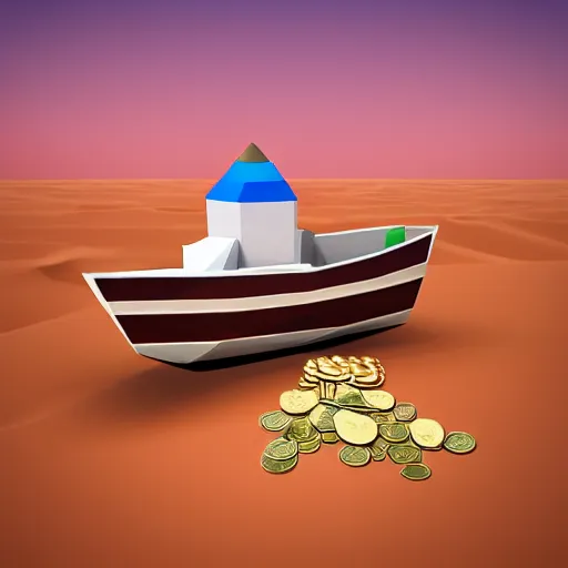 Image similar to boat in the dessert filled with coins, game concept, low poly