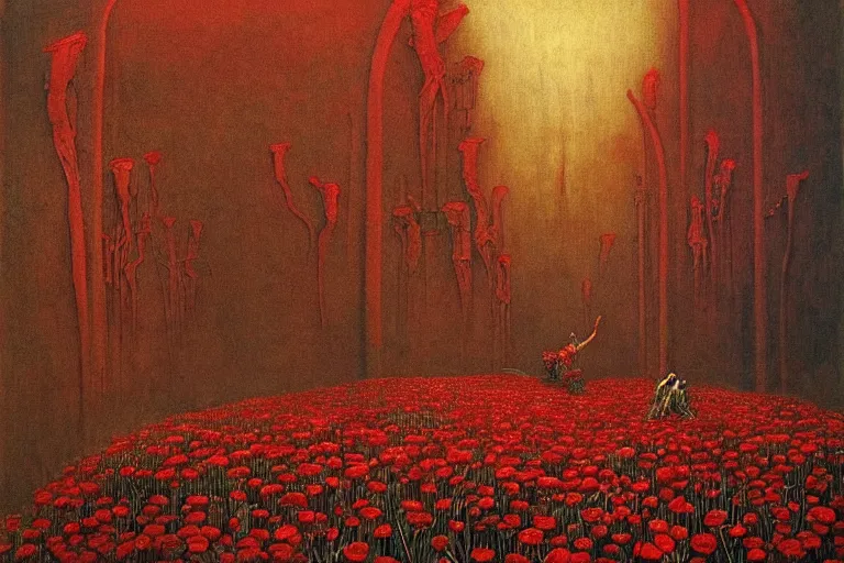 Image similar to only with red, red flowers of different types, a red tiger, a castle in the background, medieval demons dance over the flowers, an ancient path, in the style of beksinski, part by hopper, part by rodcenko, part by hofbauer, intricate composition, red by caravaggio, insanely quality, highly detailed, masterpiece, red light, artstation