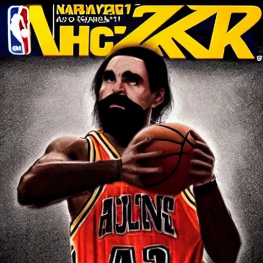 Image similar to nba 2 k video game cover art depicting charles manson dunking a basketball