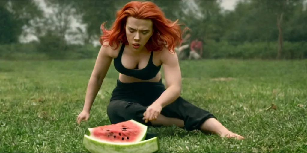 Prompt: scarlett johansson kicking and smashing a watermelon, film still, highly detailed, film grain, behind the scenes, photorealism
