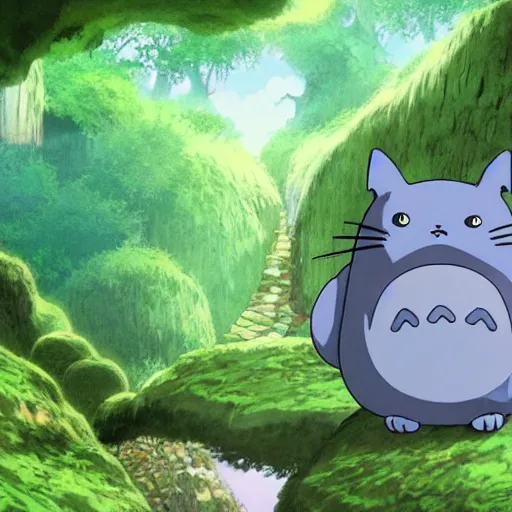 Image similar to cat shaped like totoro looking into large cave entrance in a lush forest, studio ghibli style, by hayao miyazaki, sharp focus, highly detailed, 4k