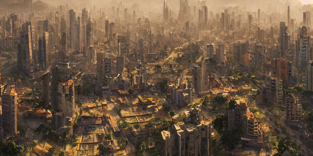 Prompt: Brazilian city, beautiful dynamic lighting, cinematic, wide angle establishing shot, extremely high detail, photo realistic, cinematic lighting, post processed, concept art, artstation, matte painting, style by eddie mendoza, raphael lacoste, alex ross, volumetric lighting, light rays, photorealistic, ultrarealistic, moody, coronarender, 8k